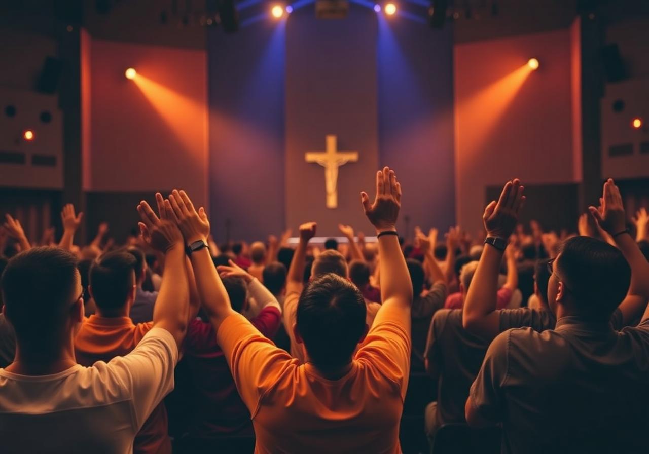 Congregación con manos levantadas en adoración