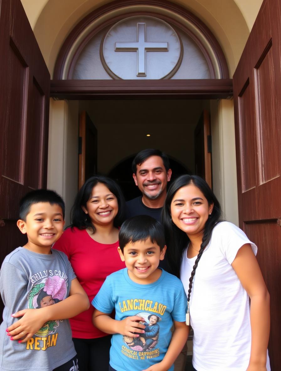 Familia sonriendo en la entrada de la iglesia